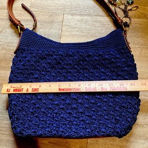 The Sak Navy Crochet Shoulder Bag with Brown Leather Straps